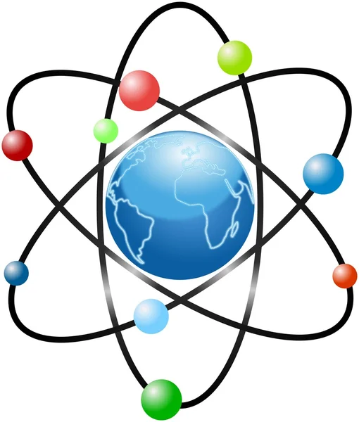 Atom systemet med stiliserade blå planeten jorden — Stockfoto