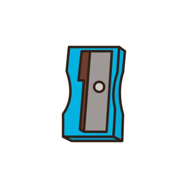 Kalem açacağının. Dalgalı ya da ergonomik şekilli mavi bir vücudu, gri metal bir bıçak kılıfı ve kalemleri açmak için dairesel bir deliği vardır. Tüm elementler koyu kahverengidir..