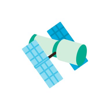 Çizgi film tarzı bir uydunun düz tasarımı açık yeşil silindirik gövdeli ve mavi hücreli iki dikdörtgen güneş paneli ve karalama tarzında koyu mavi çizgiler.