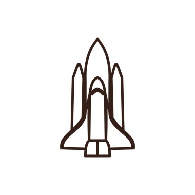 Çizgi film tarzı uzay mekiği, krem renkli bir vücut, kırmızı bir burun konisi, ve krema ve gri kanatlar veya iticiler.