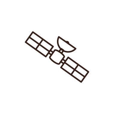 Merkezi açık yeşil gövdeli uydu, açık sarı parabolik çanak anten ve iki dikdörtgen açık mavi güneş paneli yan yana uzanıyor. Nesnenin basit ve kalın bir dış çizgisi vardır ve beyaz bir arkaplana karşıdır.