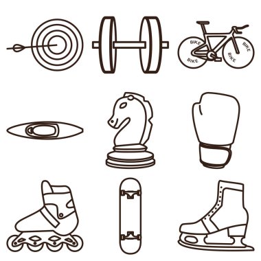 Art set okçuluk hedefi, dambıl, yol bisikleti, kano, satranç şövalyesi, boks eldiveni, paten, buz pateni