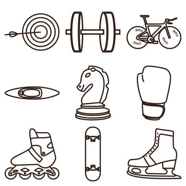 Art set okçuluk hedefi, dambıl, yol bisikleti, kano, satranç şövalyesi, boks eldiveni, paten, buz pateni