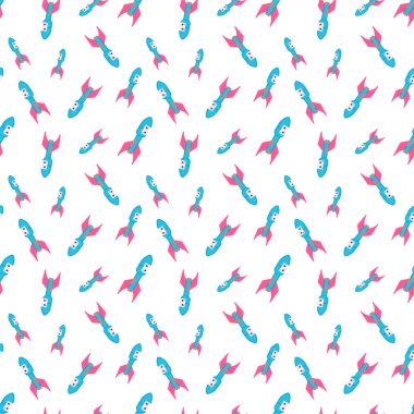 Çizgi film stili mavi gövdeli düz bir roket desenli, sivri uçlu, pembe yüzgeçli ve küçük pencereli harika karalama stili.