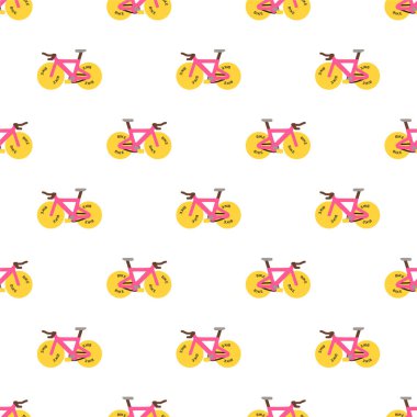 Pembe çerçeveli bir bisiklet, koyu kahverengi gidonlar, koltuk ve pedallar. Çevrelerinde koyu kahverengi metinlerle birden fazla kez 