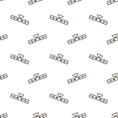 Merkezi açık yeşil gövdeli uydu, açık sarı parabolik çanak anten ve iki dikdörtgen açık mavi güneş paneli yan yana uzanıyor. Nesnenin basit ve kalın bir dış çizgisi vardır ve beyaz bir arkaplana karşıdır.