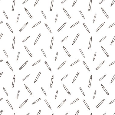 Bir kalem. Turuncu bir gövdesi, sivri bir ucu ve gri bir bandın tuttuğu pembe bir silgisi var. Tüm elementler koyu kahverengidir.