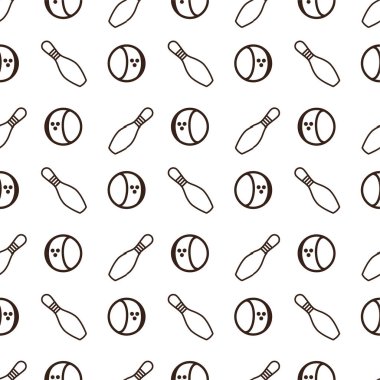 Beyaz arka planda iki bowling lobutu ve bir bowling topu. İki bovling lobutu krem renkli ve boyunlarında kırmızı bantlar var. X şeklinde kesişiyorlar. Altlarında beyaz çizgili ve üç siyah parmaklı kırmızı bir bowling topu var.