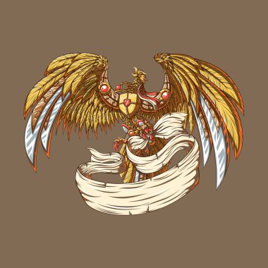 Garuda, Endonezya 'nın sembolü. Göğsünde kalkanı olan bir altın kartal. Bu efsanevi kuşun altın tüyleri var. Bu sanat eserinin altın rengi var, kırmızı ve beyaz. İllüstrasyon tişörte, çıkartmaya yazdırabilir