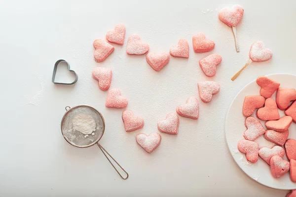 Galletas Rosadas Caseras Del Shortbread Para Día San Valentín Fondo —  Fotos de Stock