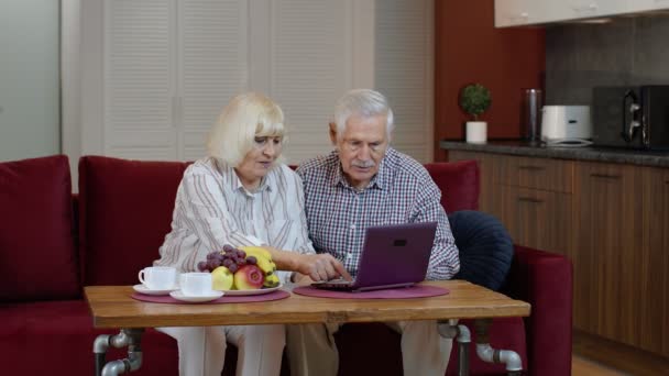 Couple de retraités seniors avec ordinateur portable numérique PC à la maison. Repose sur le canapé dans le salon confortable — Video