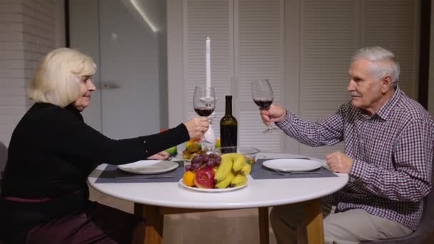 Portret van een oud koppel dat thuis wijn roostert tijdens een romantisch avondmaal in de keuken thuis — Stockvideo