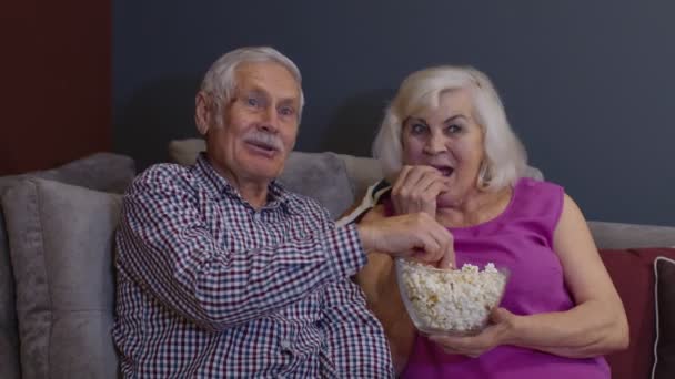 Entusiasmado velho casal maduro fãs de futebol assistindo esporte tv jogo apoio torcer vencedora futebol equipe — Vídeo de Stock