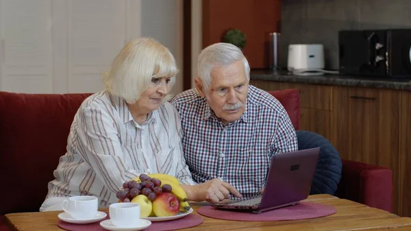 Старшая пара бабушки и дедушки разговаривают и используют ноутбук компьютер дома. Интернет-магазины — стоковое фото