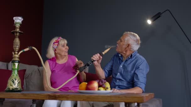 Elderly couple smoking hookah at home. Senior grandmother and grandfather having fun, relaxing — Stock Video