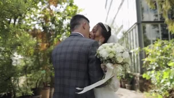 Recién casados. novio caucásico con novia haciendo un beso en el parque. Pareja de bodas. Hombre y mujer enamorados — Vídeos de Stock