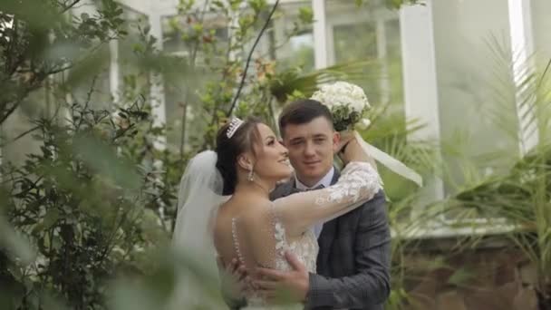 Les jeunes mariés. marié caucasien avec mariée marchant, embrassant, câlins dans le parc. Couple de mariage — Video