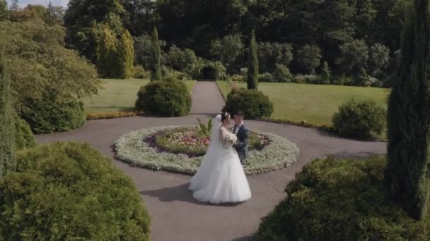 Frisch verheiratet. Kaukasischer Bräutigam mit Braut beim Gehen, Umarmungen, Umarmungen im Park. Hochzeitspaar — Stockvideo