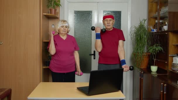 Cuplu în vârstă în vârstă care se uită la exerciții de antrenament online pe telefonul mobil și se antrenează cu gantere — Videoclip de stoc