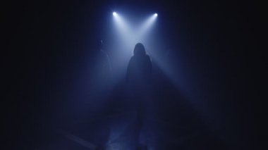 Vokalist kız, saksafoncu saksafoncu, kulaklıklı DJ 'in arka ışıklandırılmış siluetleri.