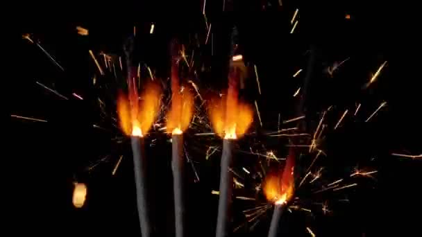 Fuochi del Bengala, candele scintillanti di Capodanno, luci scintillanti accese su sfondo nero, rallentatore — Video Stock