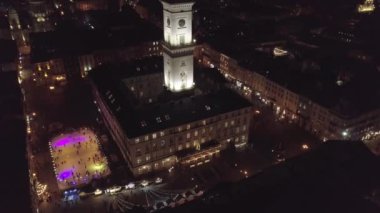 Arial view of city Lviv, Ukrayna Rynok Meydanı Noel zamanı popüler turistik durak