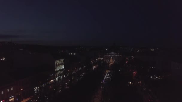Arial vista del árbol de Navidad de Lviv cerca de Opera House, luces festivas, y el mercado justo en la noche de invierno — Vídeo de stock