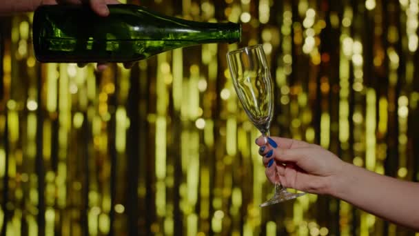 Champagne alkoholhaltig dryck hälls från flaska till dricksglas guld bakgrund i slow motion — Stockvideo