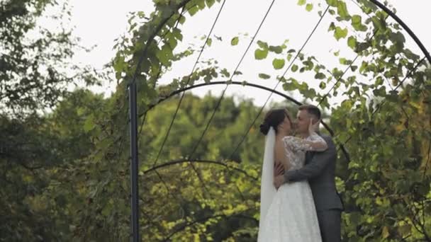 Härligt nygifta kaukasiska bruden omfamnar brudgummen i parken gör kyss, bröllop par familj kramas — Stockvideo