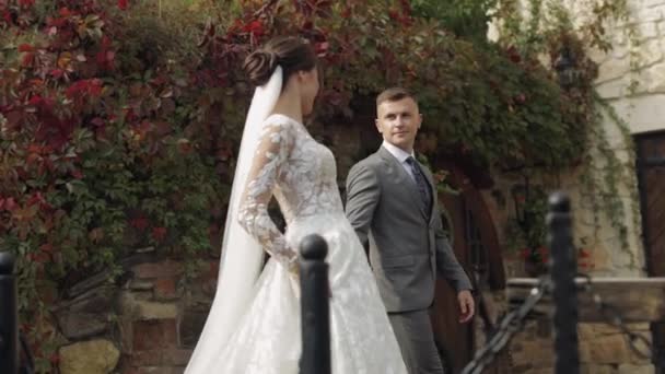 Jolies jeunes mariés marié caucasien marié marchant dans le parc, se tenant la main, couple de mariage famille — Video