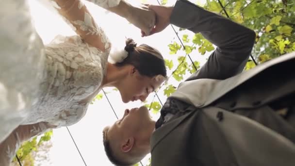 Прекрасні молодята кавказька наречена обіймає нареченого в парку роблячи поцілунок, весільна пара родина обіймає — стокове відео
