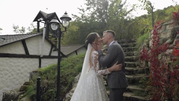 Bella sposi sposa caucasica abbracciando sposo nel parco rendendo bacio, matrimonio coppia famiglia abbracci — Video Stock
