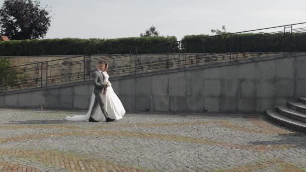Όμορφοι νεόνυμφοι καυκάσιοι γαμπρός νύφη με τα πόδια στο πάρκο, κρατώντας τα χέρια, γαμήλιο ζευγάρι οικογένεια — Αρχείο Βίντεο