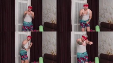 Evde dans eden komik elbiseli sporcunun, spor egzersizleri yapan adamın çok ekran görüntüsü.
