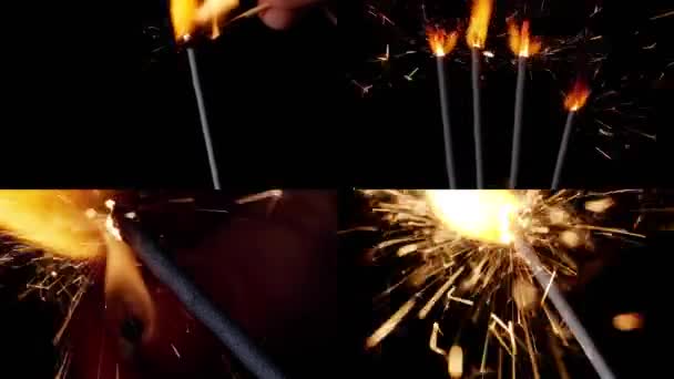 Multi-screen shot of bengal fire, Πρωτοχρονιά sparkler κερί, αφρώδη φώτα σε μαύρο φόντο — Αρχείο Βίντεο