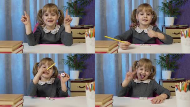 Wieloekranowe ujęcie dziewczynki patrzącej w kamerę, studiującej pracę domową, machającej ręką, pokazującej kciuk w górę — Wideo stockowe