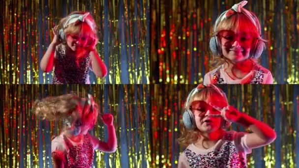 Tini lány zenét hallgat, táncol, arcokat vág, szórakozik a disco cyberpunk night clubban — Stock videók
