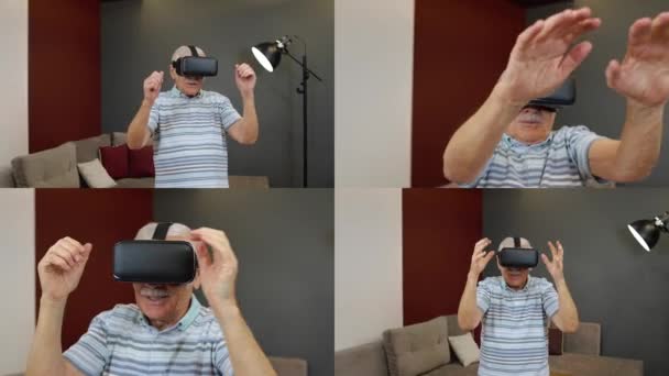 Senior farfar man i virtuella headset glasögon titta på fantastiska 3D-video i 360 vr hjälm hemma — Stockvideo