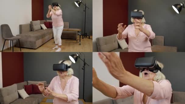 Starší babička žena ve virtuálních brýlích na sluchátka sledování úžasné 3D video ve VR helmě doma — Stock video