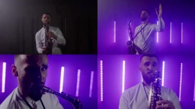 Saksafoncunun canlı performansı, saksafoncu adam, konser müzisyeninin sahnesinde ışıklarla dans ediyor.