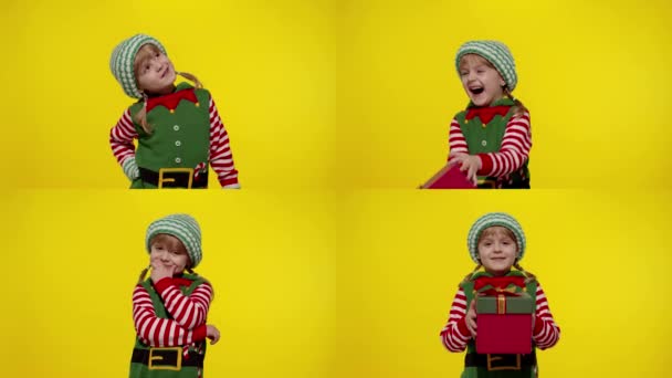 Ragazza in costume elfo Babbo Natale helper ricezione regalo scatola. Buone vacanze di Capodanno — Video Stock