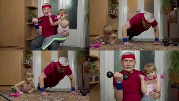 Активный дедушка старший мужчина с девочкой делает упражнения по поднятию тяжестей с гантелями — стоковое видео