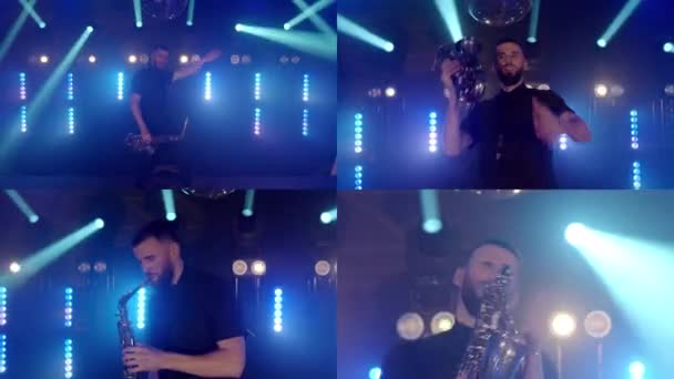 Live uitvoering van saxofonist met saxofoon, dansen op concertmuzikant podium met lichten — Stockvideo