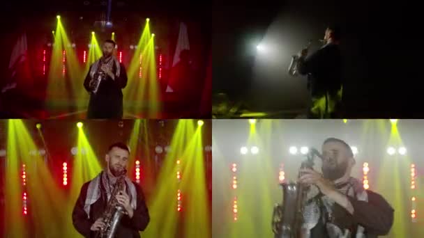 Live föreställning av saxofonist man med saxofon, dans på konsert musiker scen med ljus — Stockvideo