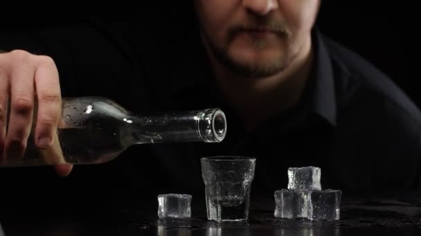 氷のキューブでショットガラスにボトルから冷凍ウォッカ、日本酒を注ぐバーテンダー — ストック動画