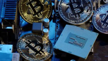Bitcoin BTC ve işlemci dijital teknolojinin merkezi işlemcisi pc ana kart, madencilik kripto para