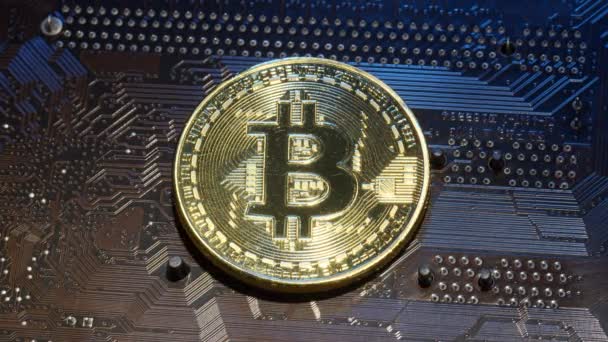 Gold Bitcoin BTC diisolasi dengan latar belakang motherboard komputer, penambangan cryptocurrency, uang virtual — Stok Video