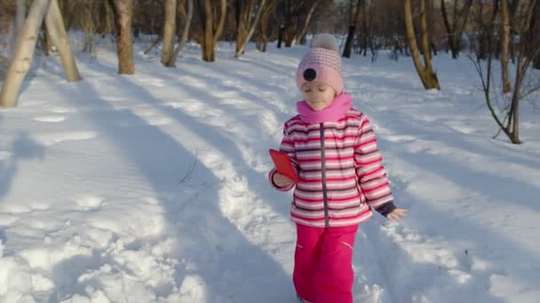 Niña vlogger haciendo selfies foto para las redes sociales, charlando con amigos en el parque de invierno — Vídeos de Stock