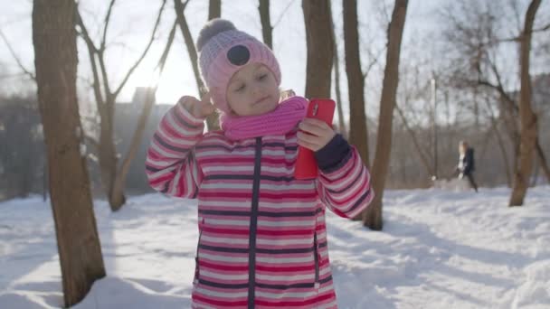 Criança blogueiro fazendo videochamada no celular, selfie foto para redes sociais no parque de inverno — Vídeo de Stock