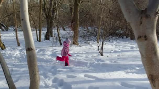 Radosne dziecko dziewczynka dziecko biegnie w kierunku na śnieżnej drodze przez las parku zimowego na zewnątrz — Wideo stockowe